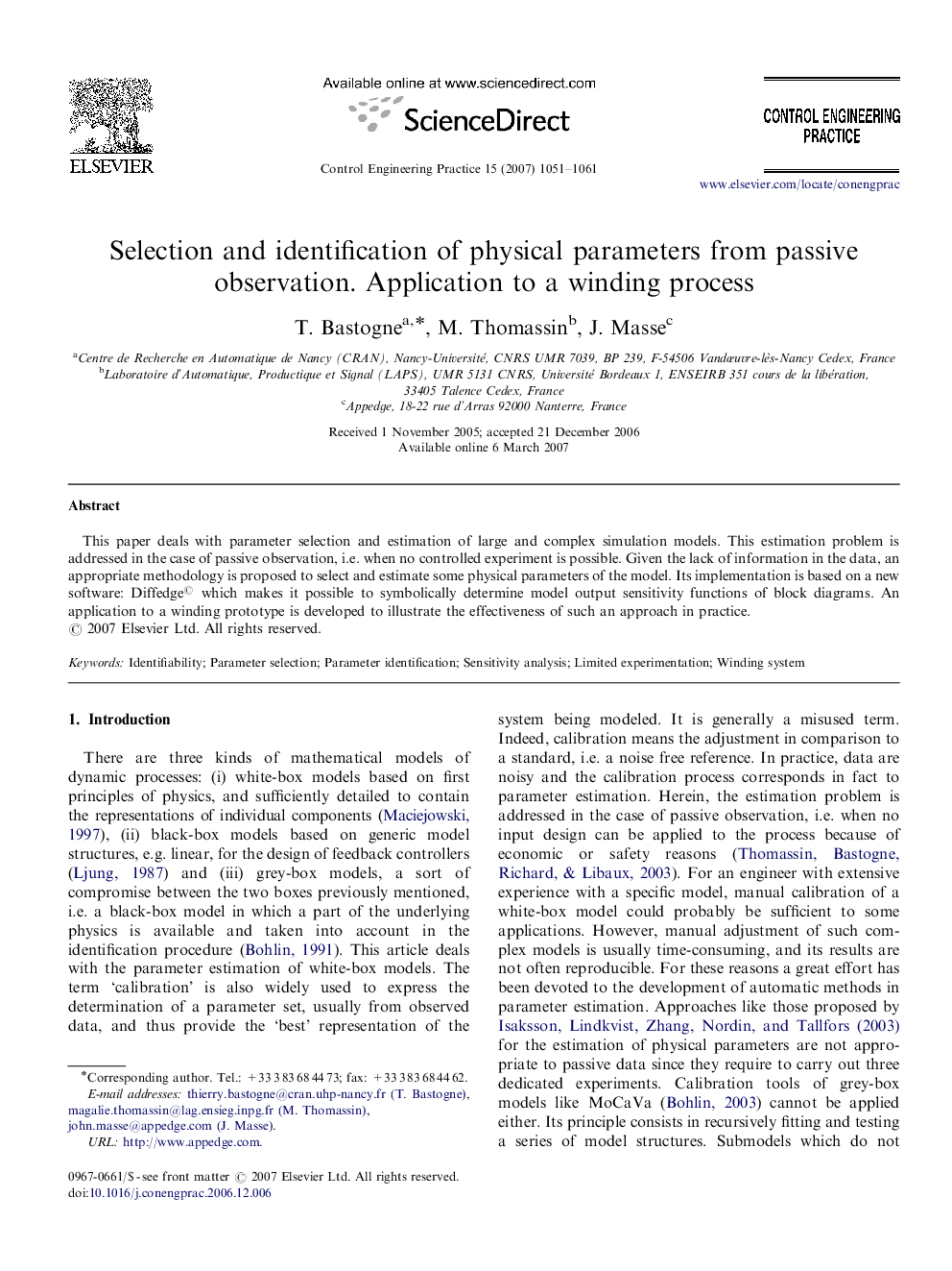 Selection and identification of physical parameters from passive observation. Application to a winding process