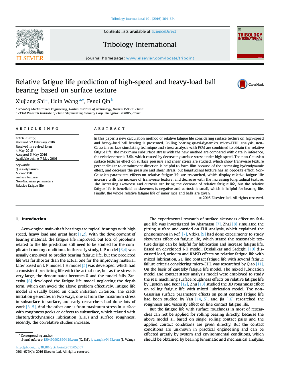 Relative fatigue life prediction of high-speed and heavy-load ball bearing based on surface texture