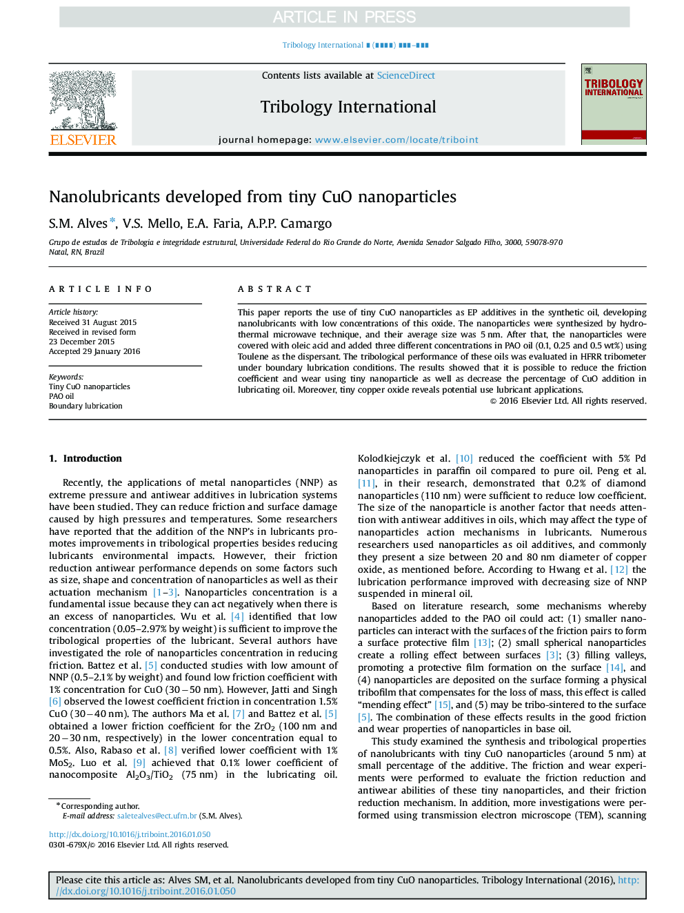 Nanolubricants developed from tiny CuO nanoparticles