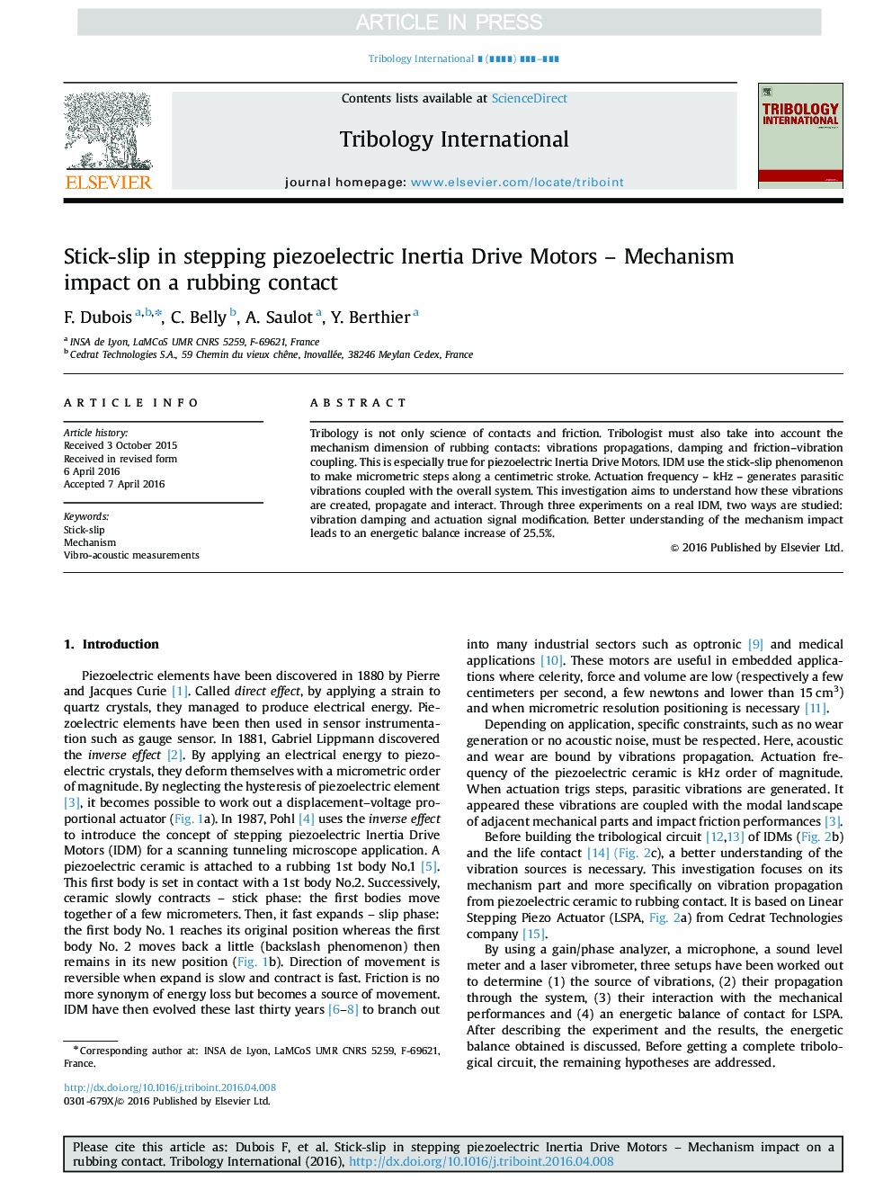 Stick-slip in stepping piezoelectric Inertia Drive Motors - Mechanism impact on a rubbing contact