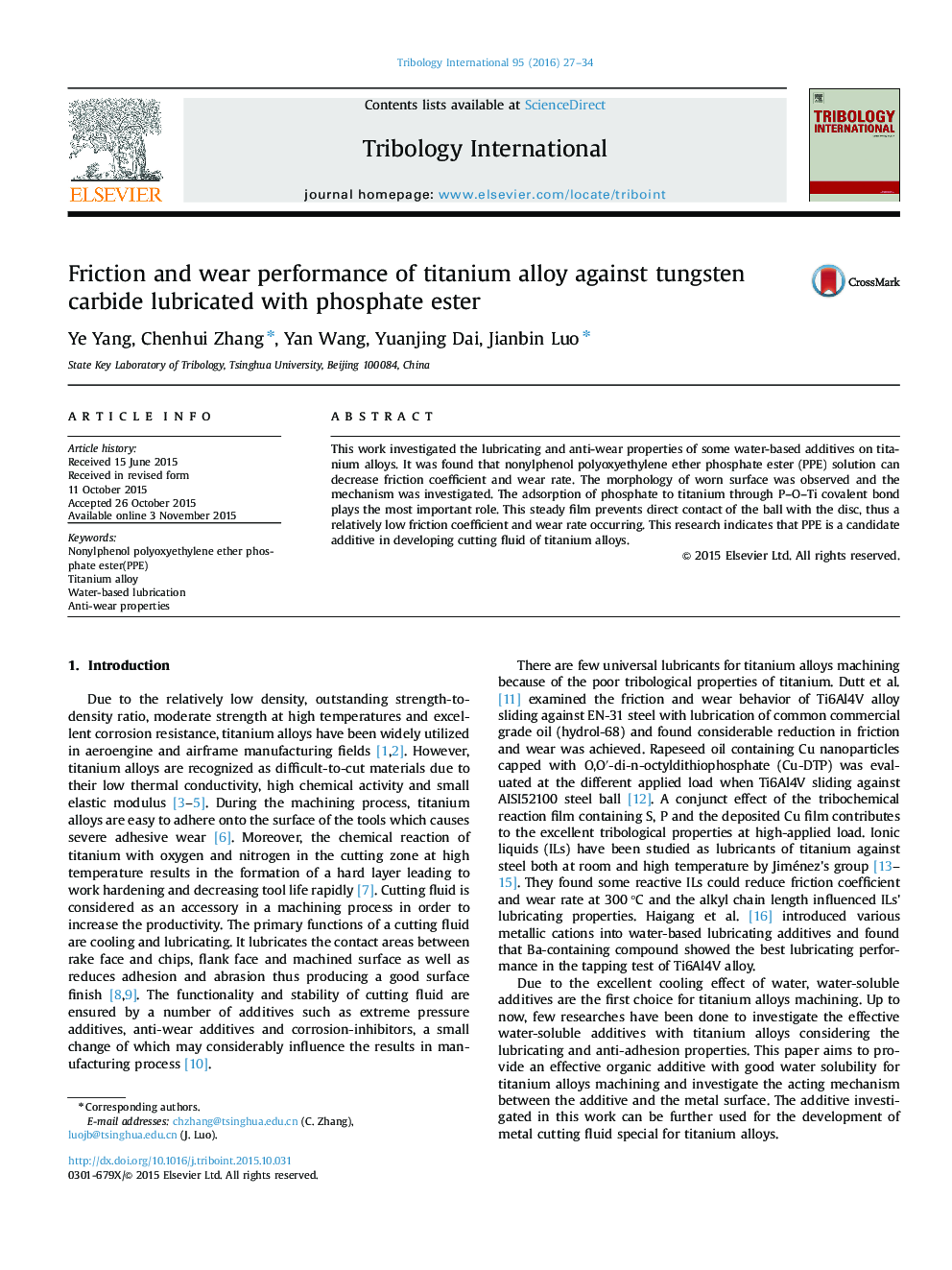 Friction and wear performance of titanium alloy against tungsten carbide lubricated with phosphate ester