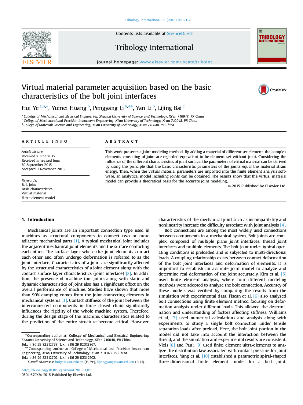 Virtual material parameter acquisition based on the basic characteristics of the bolt joint interfaces