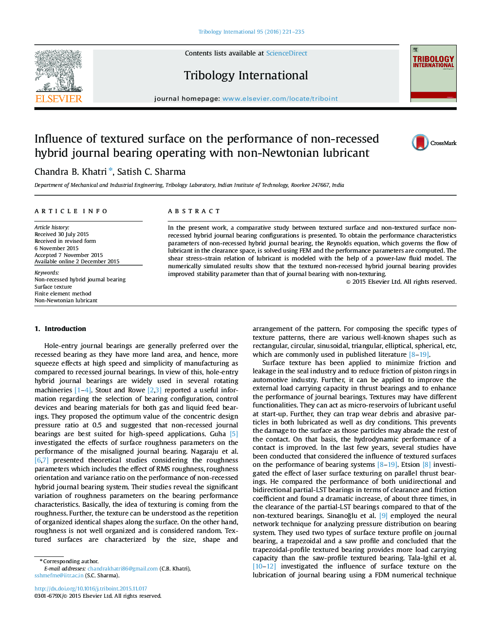 Influence of textured surface on the performance of non-recessed hybrid journal bearing operating with non-Newtonian lubricant