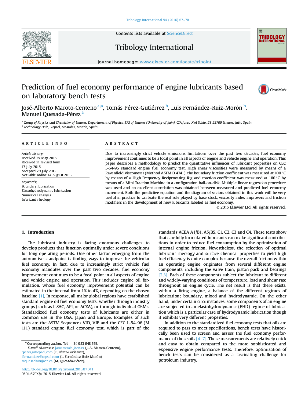 Prediction of fuel economy performance of engine lubricants based on laboratory bench tests