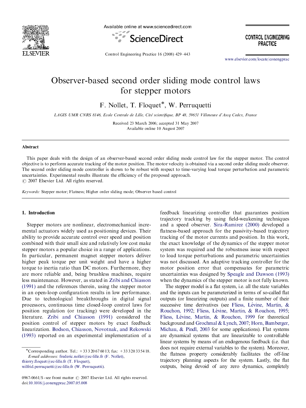 Observer-based second order sliding mode control laws for stepper motors