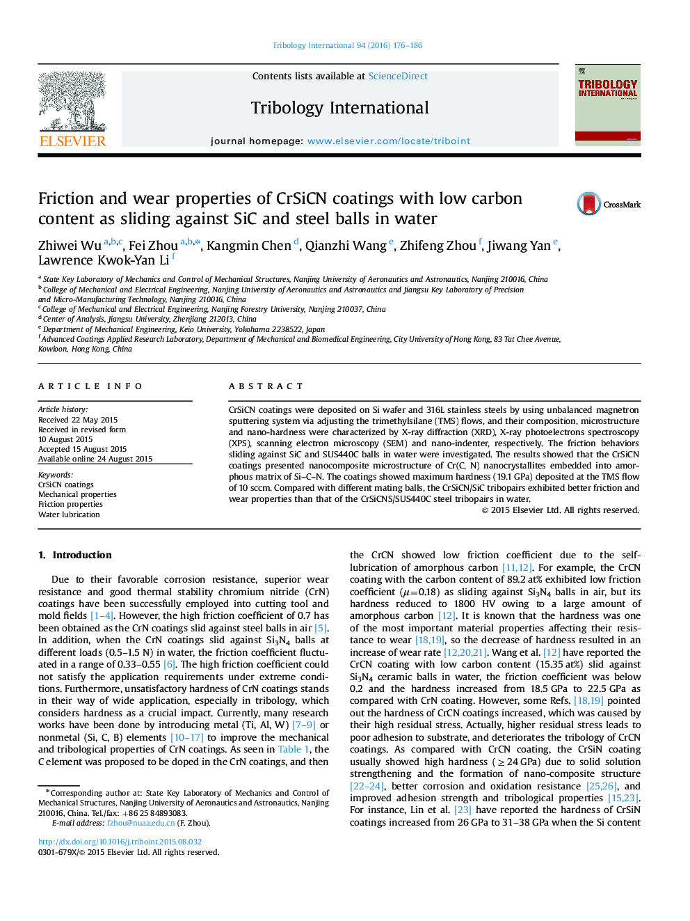 Friction and wear properties of CrSiCN coatings with low carbon content as sliding against SiC and steel balls in water