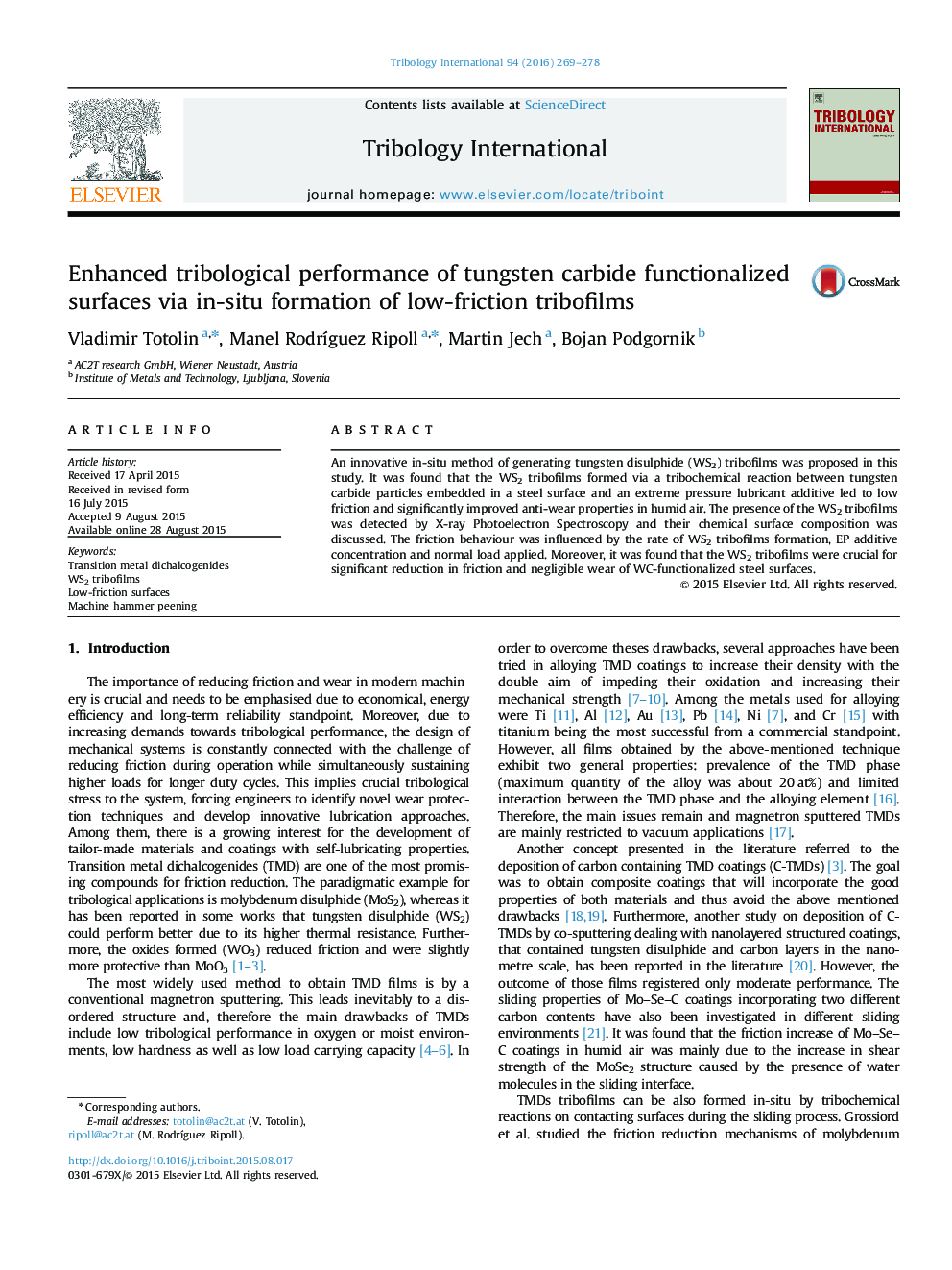 Enhanced tribological performance of tungsten carbide functionalized surfaces via in-situ formation of low-friction tribofilms