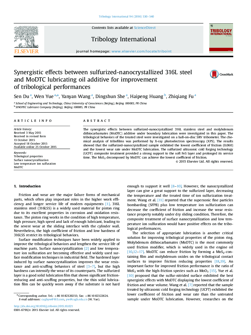 Synergistic effects between sulfurized-nanocrystallized 316L steel and MoDTC lubricating oil additive for improvement of tribological performances