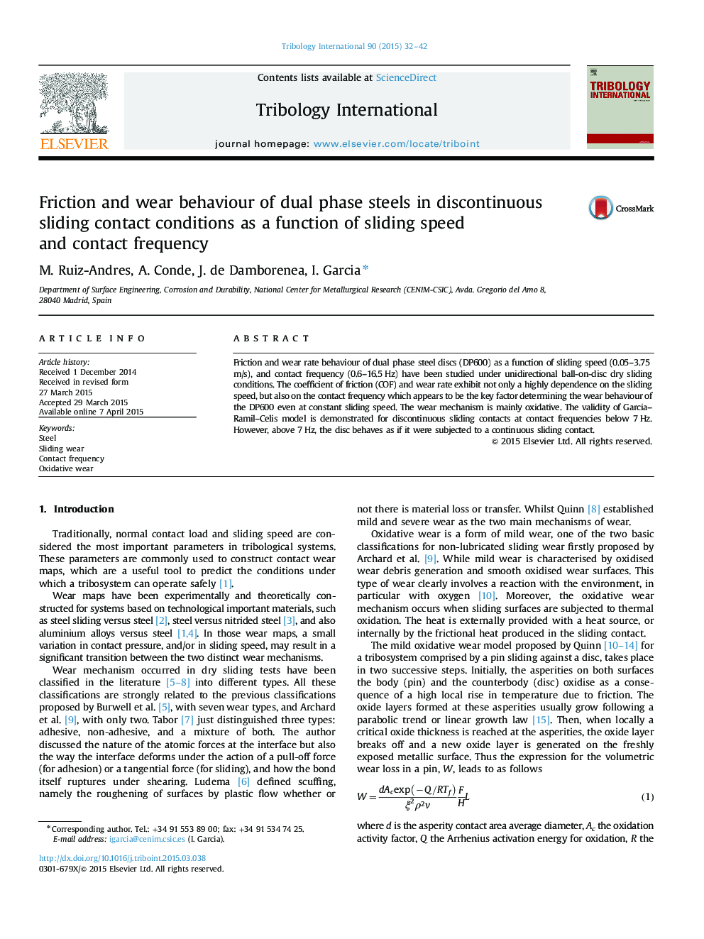 Friction and wear behaviour of dual phase steels in discontinuous sliding contact conditions as a function of sliding speed and contact frequency