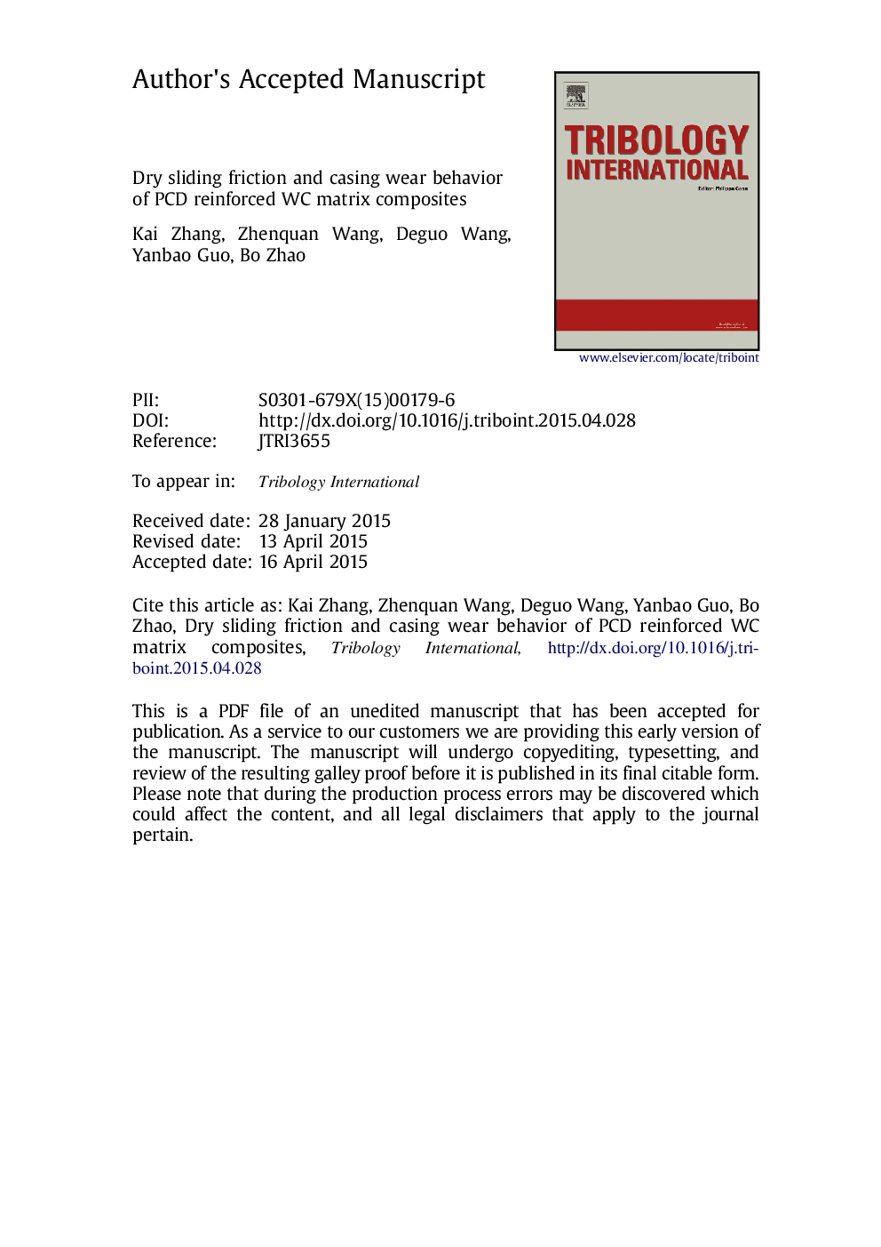 Dry sliding friction and casing wear behavior of PCD reinforced WC matrix composites