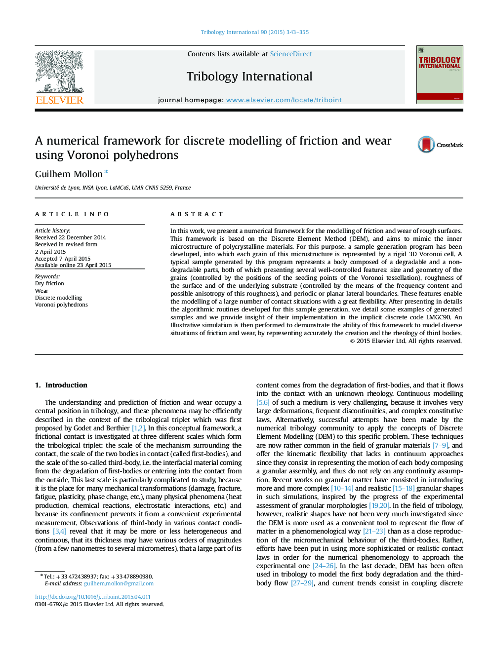 A numerical framework for discrete modelling of friction and wear using Voronoi polyhedrons