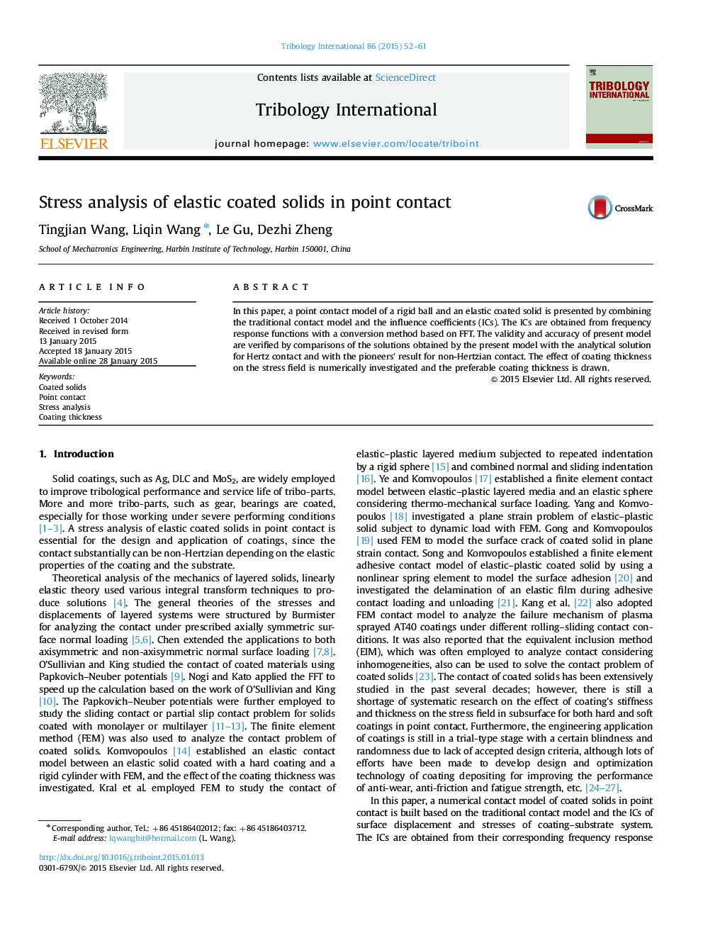 Stress analysis of elastic coated solids in point contact