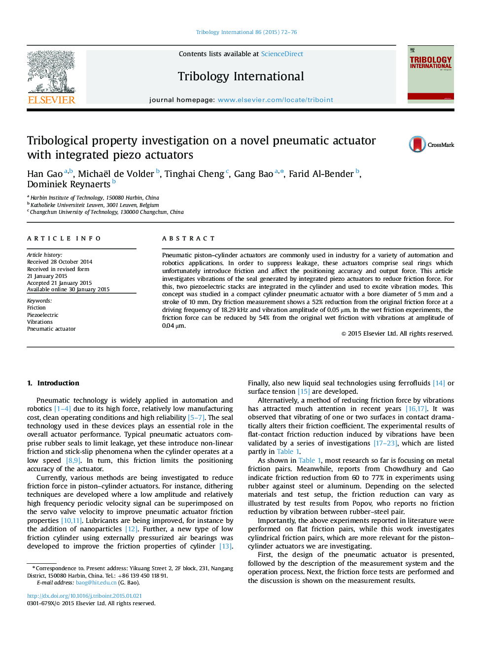 Tribological property investigation on a novel pneumatic actuator with integrated piezo actuators