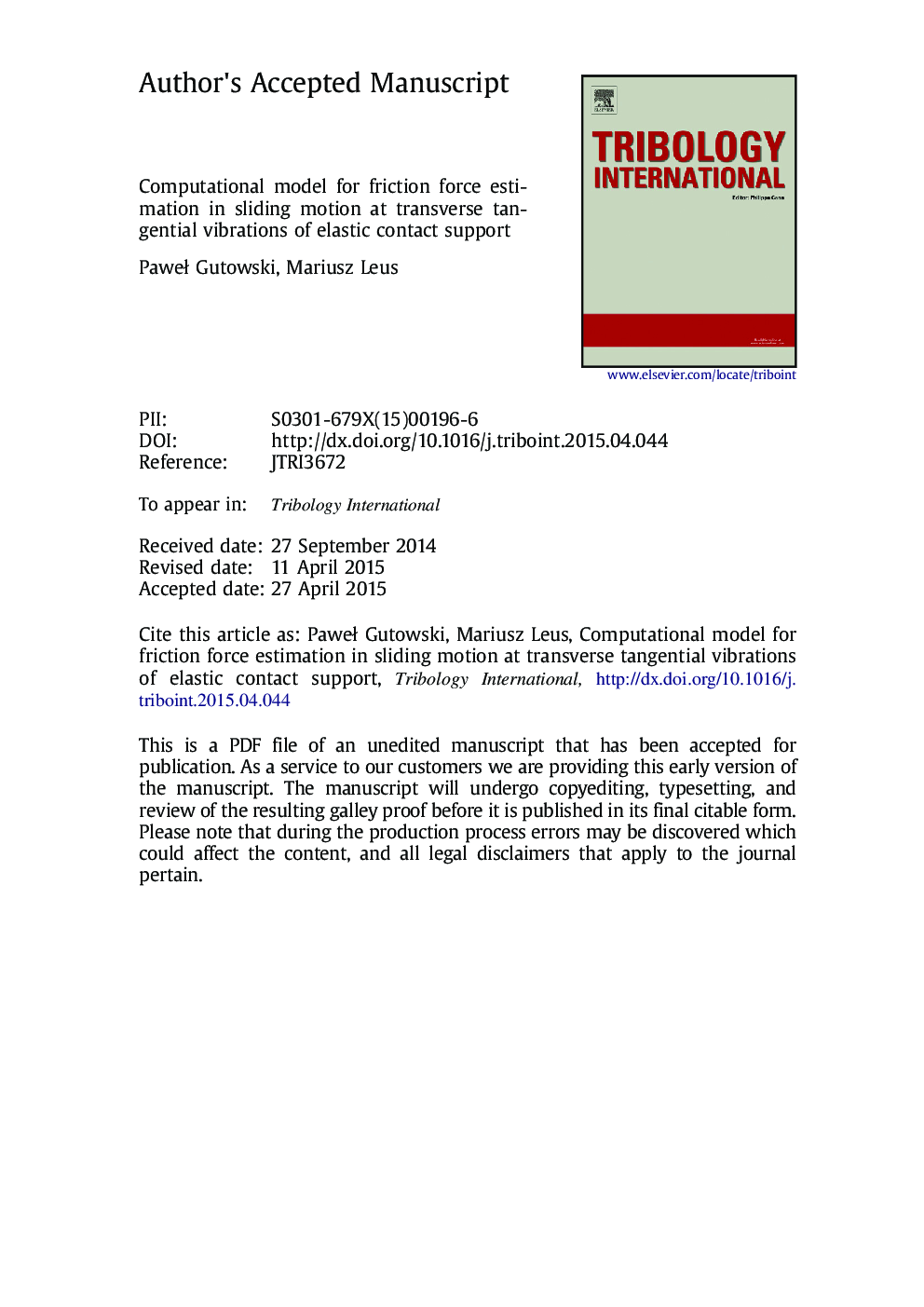 Computational model for friction force estimation in sliding motion at transverse tangential vibrations of elastic contact support