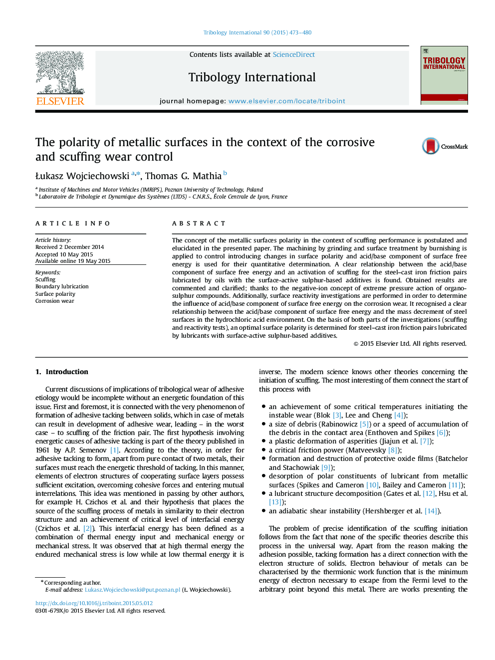 The polarity of metallic surfaces in the context of the corrosive and scuffing wear control