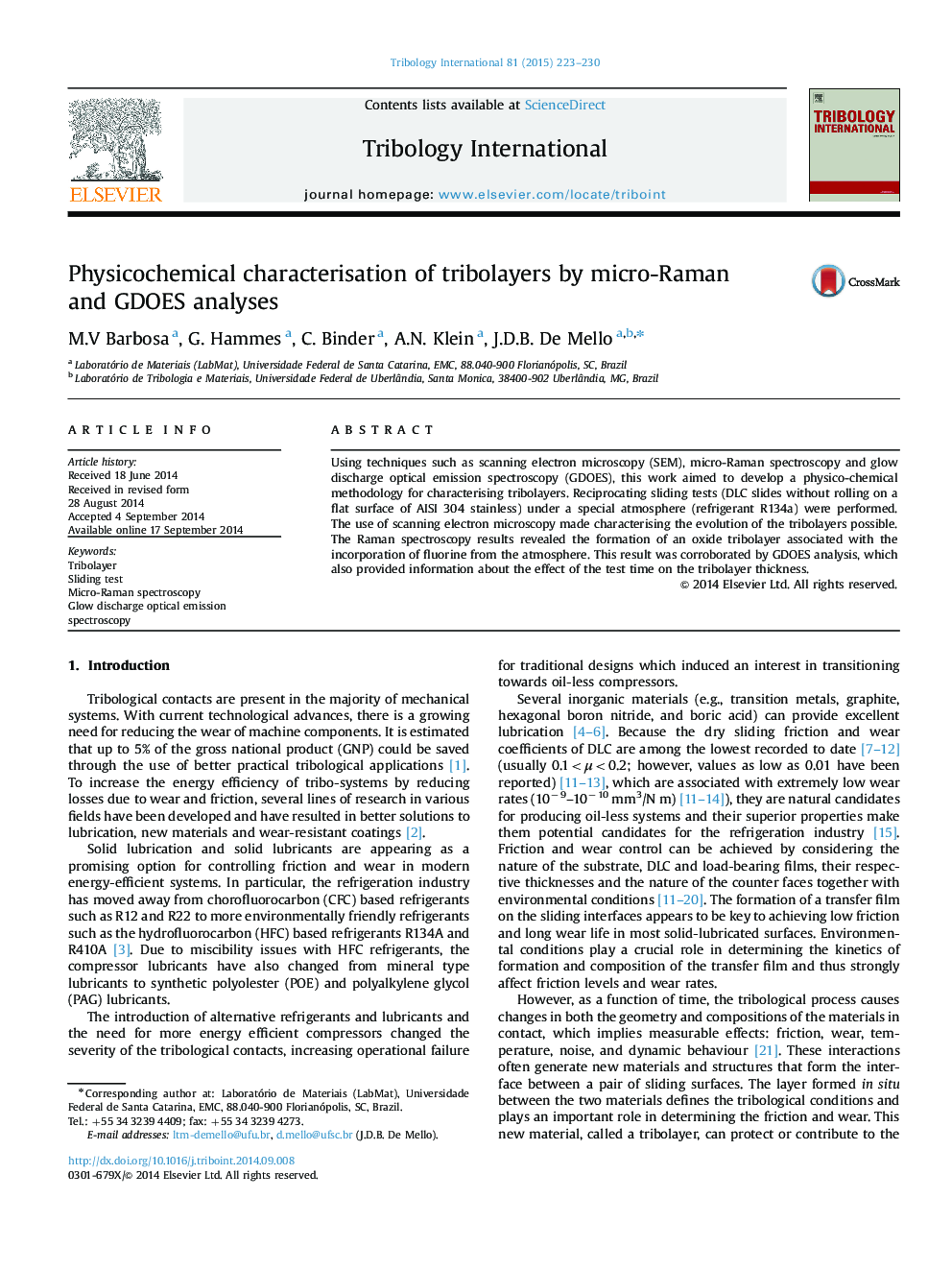 Physicochemical characterisation of tribolayers by micro-Raman and GDOES analyses