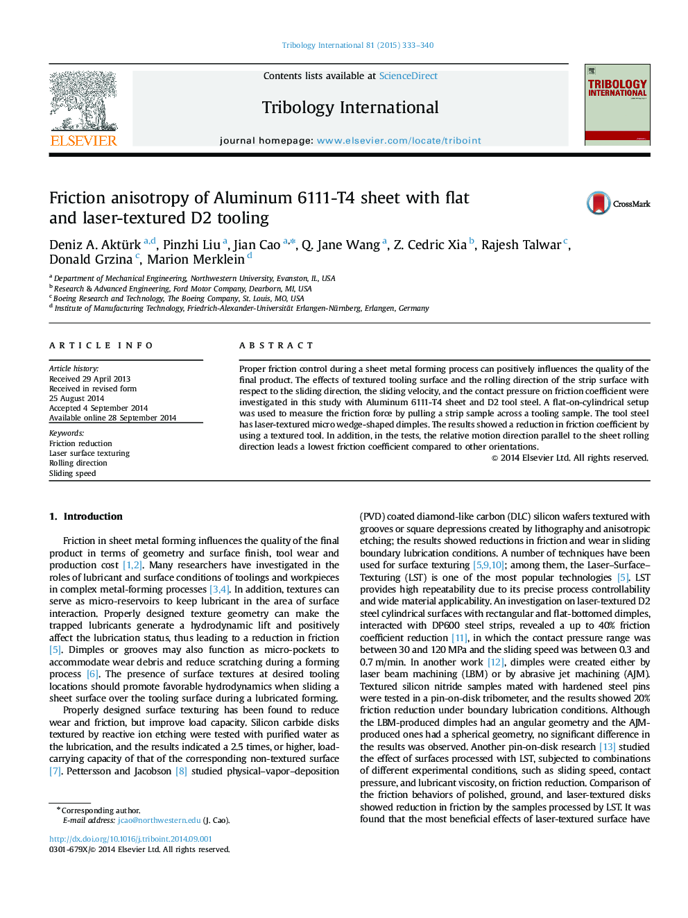 Friction anisotropy of Aluminum 6111-T4 sheet with flat and laser-textured D2 tooling