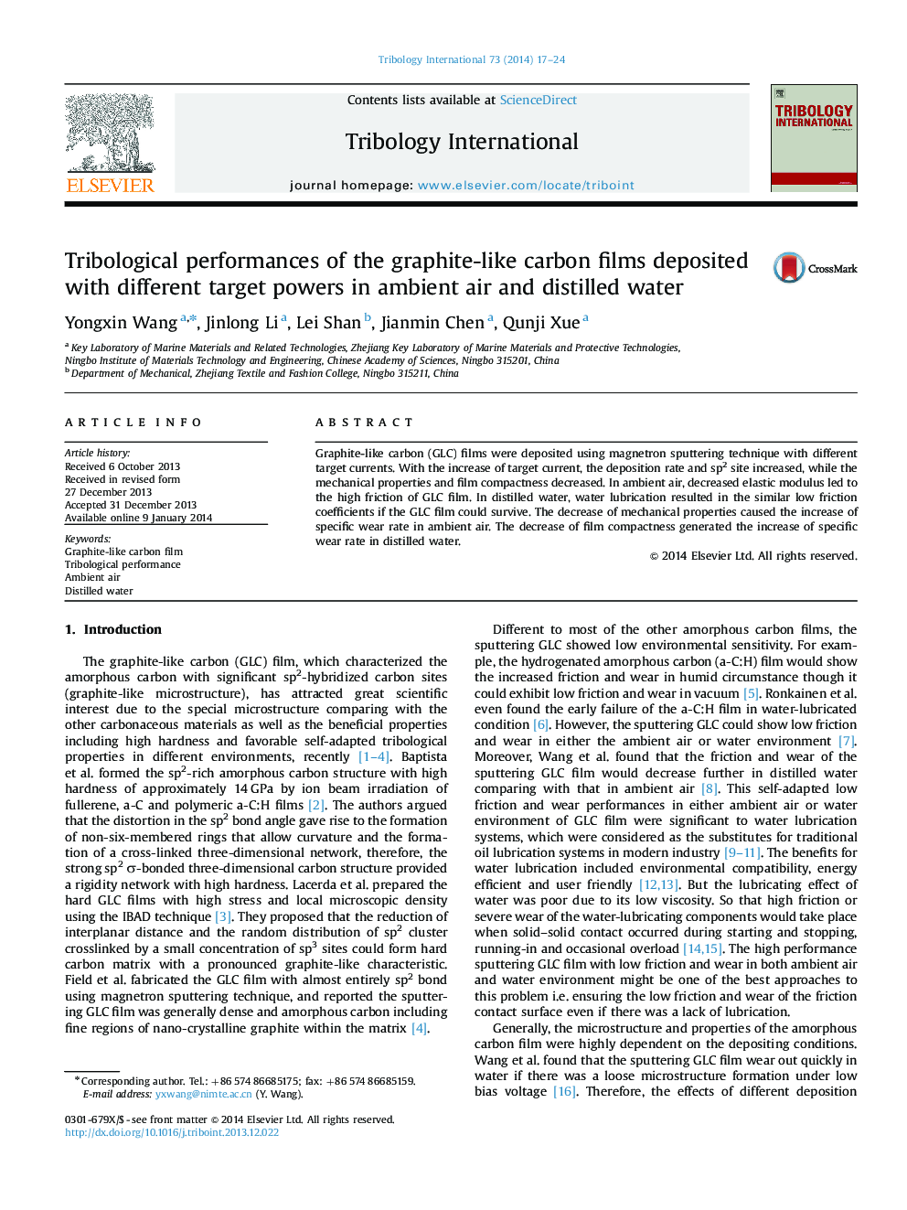 Tribological performances of the graphite-like carbon films deposited with different target powers in ambient air and distilled water