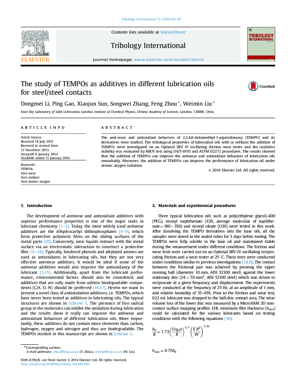 The study of TEMPOs as additives in different lubrication oils for steel/steel contacts