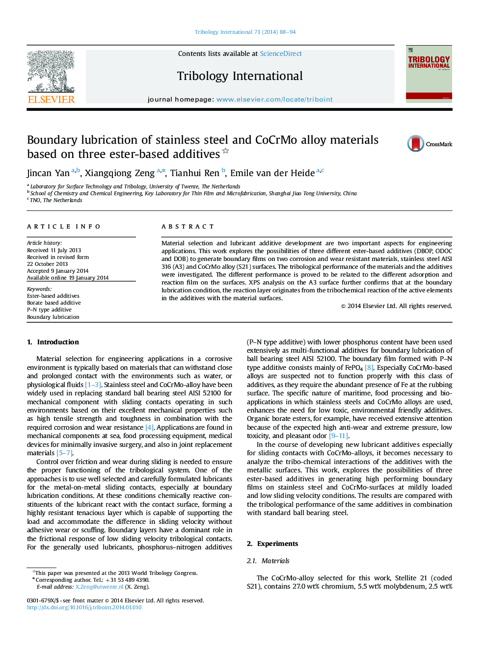 Boundary lubrication of stainless steel and CoCrMo alloy materials based on three ester-based additives