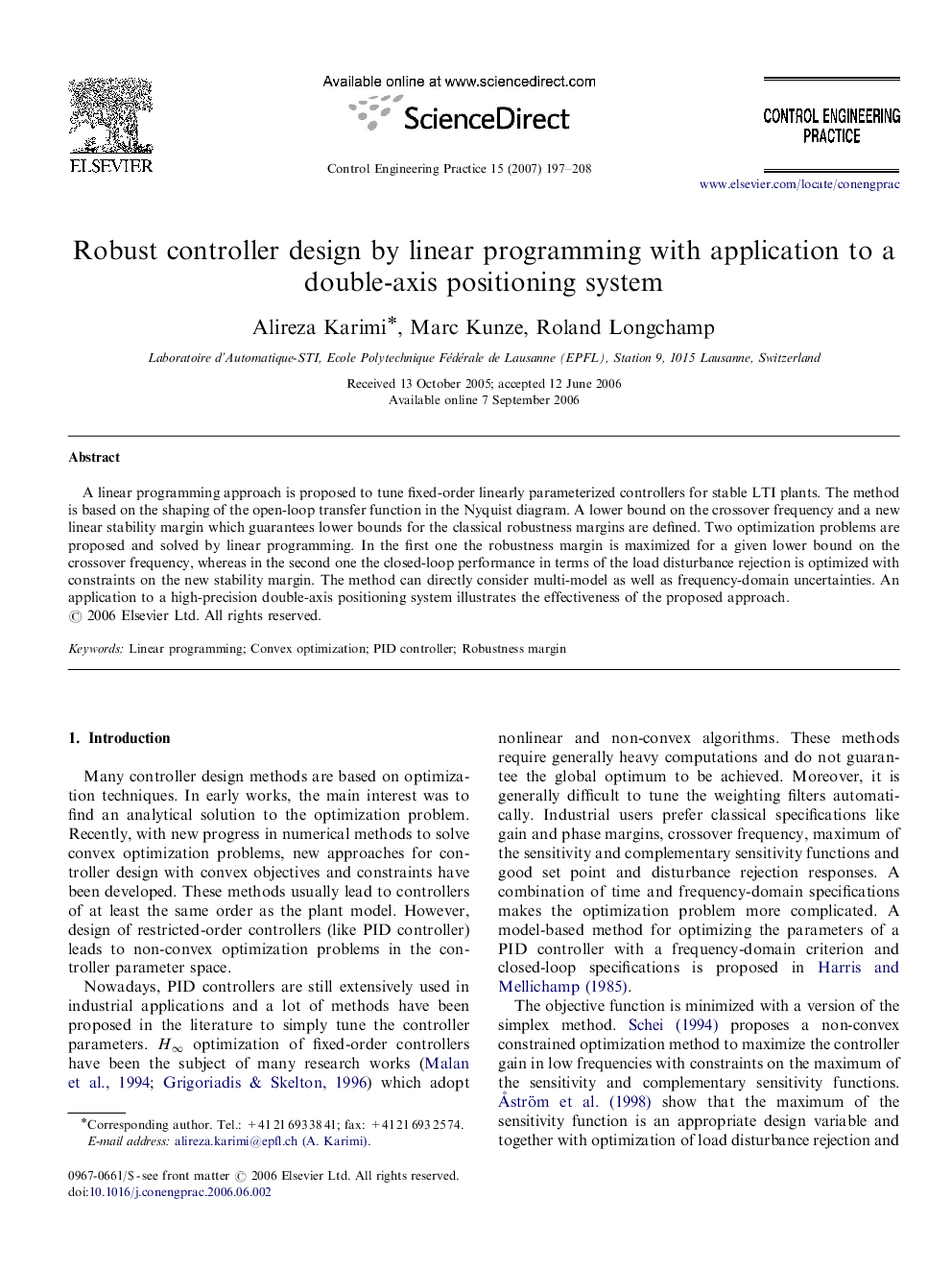 Robust controller design by linear programming with application to a double-axis positioning system