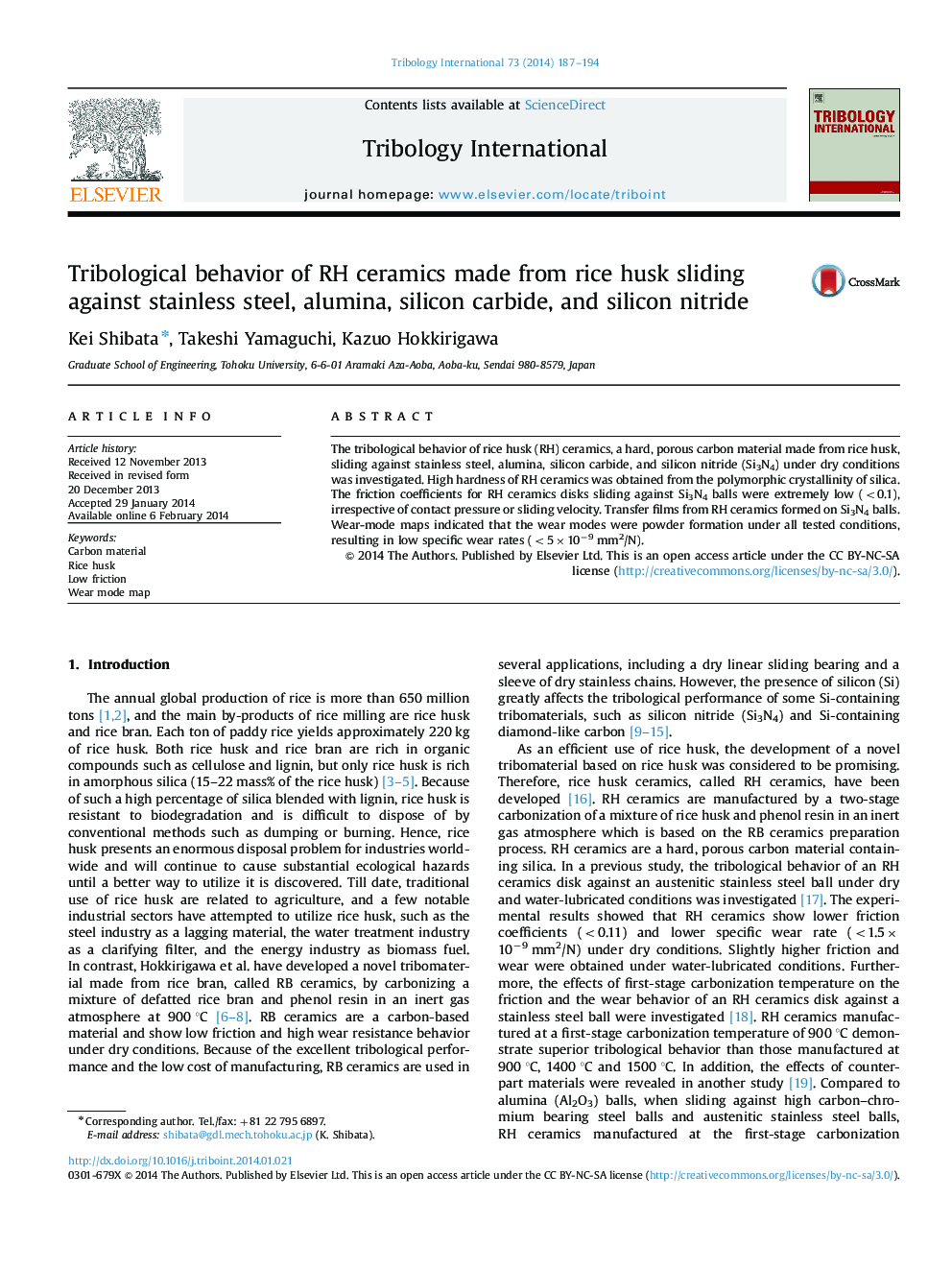 Tribological behavior of RH ceramics made from rice husk sliding against stainless steel, alumina, silicon carbide, and silicon nitride