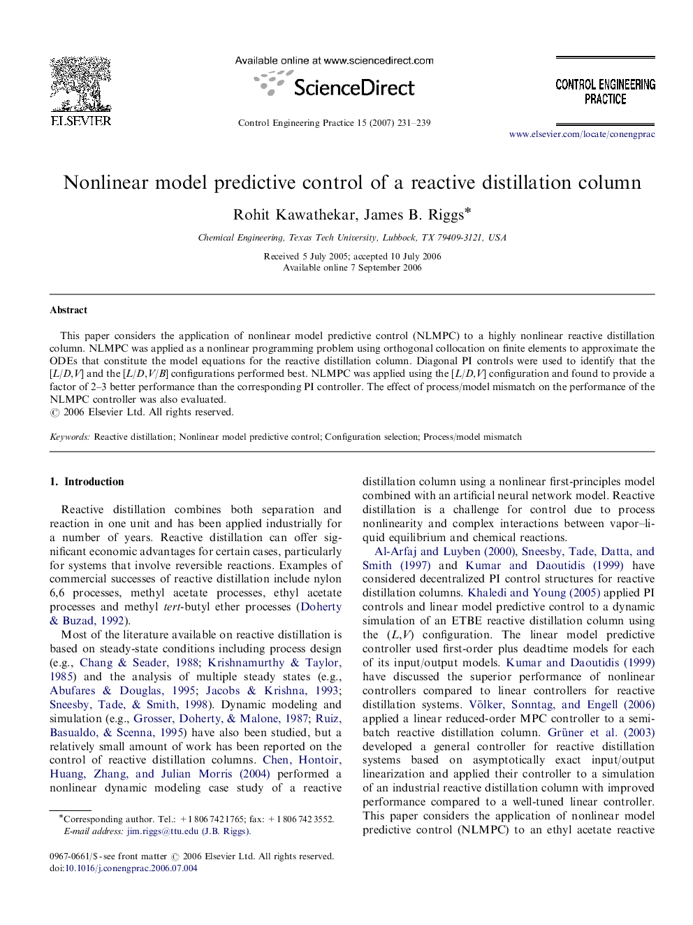 Nonlinear model predictive control of a reactive distillation column