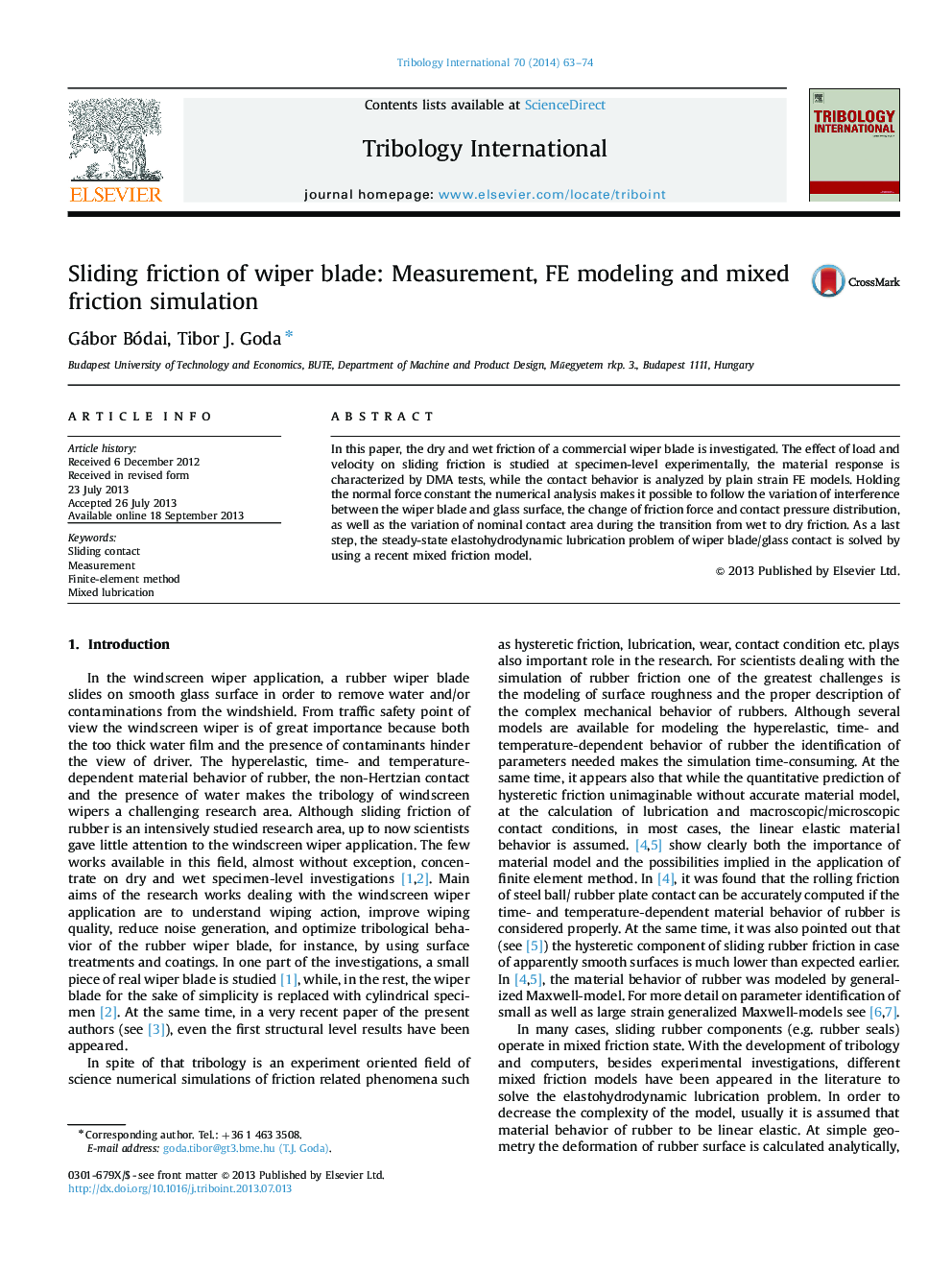 Sliding friction of wiper blade: Measurement, FE modeling and mixed friction simulation