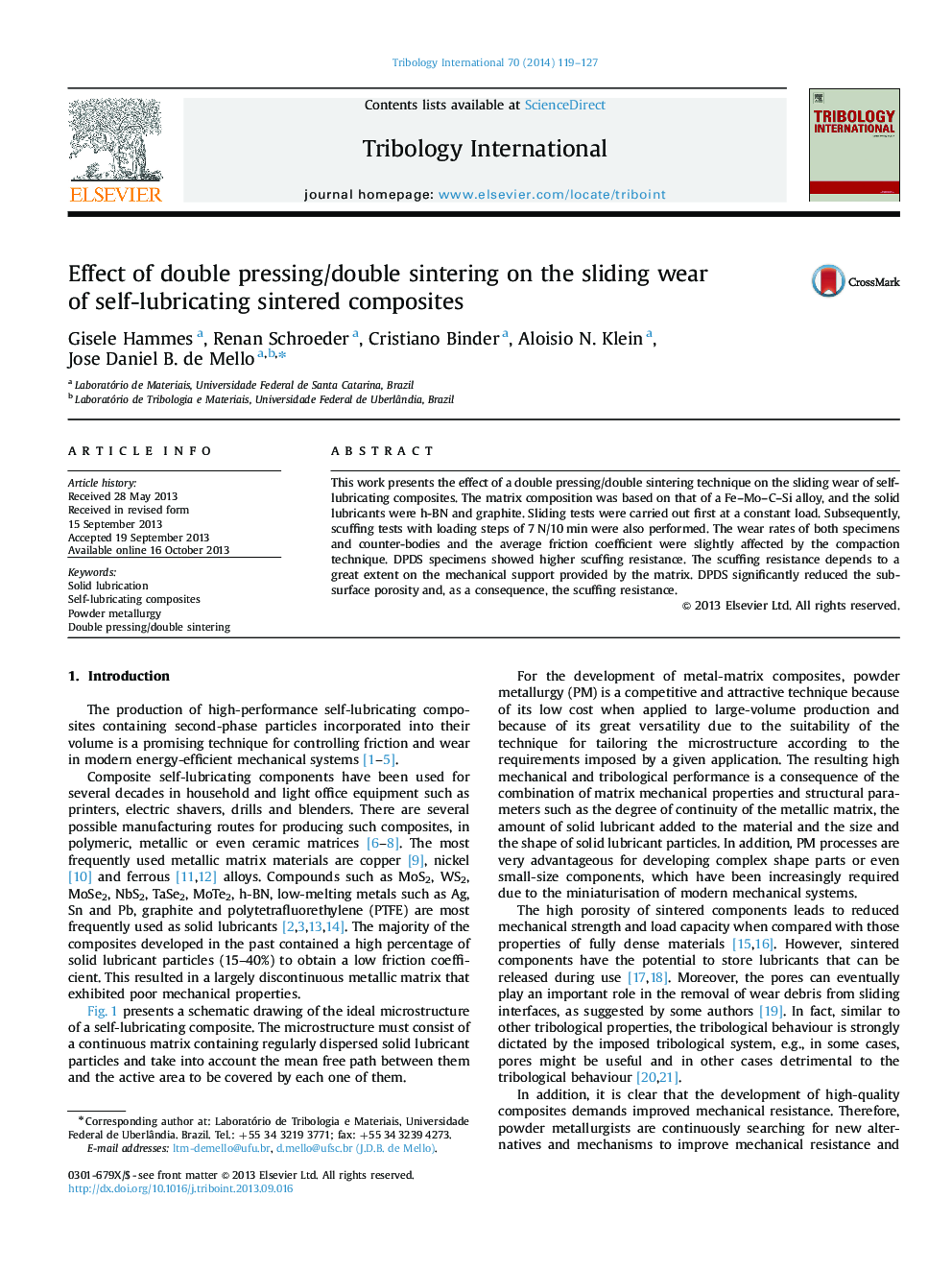 Effect of double pressing/double sintering on the sliding wear of self-lubricating sintered composites