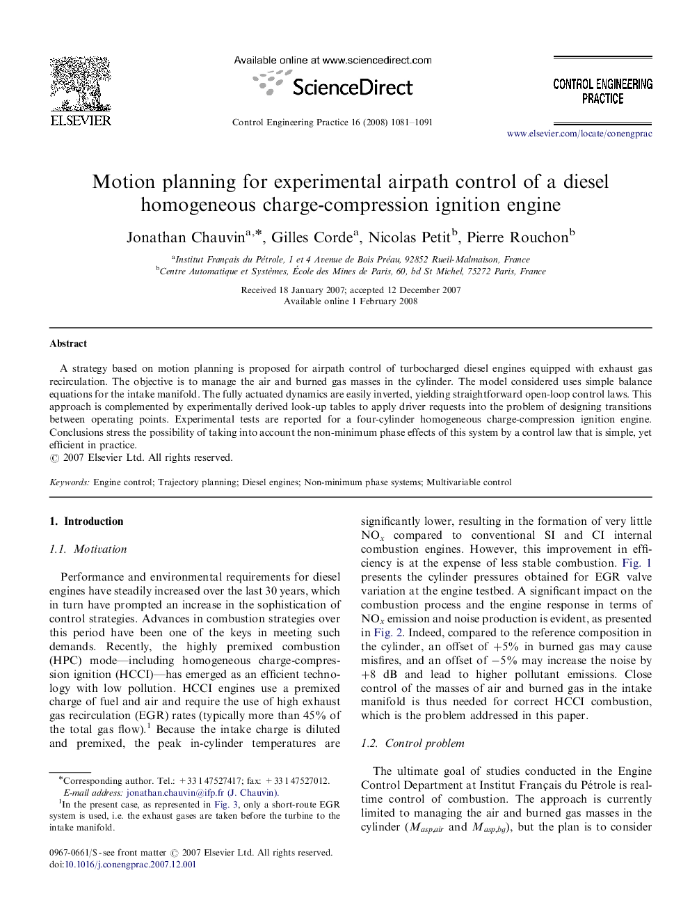 Motion planning for experimental airpath control of a diesel homogeneous charge-compression ignition engine