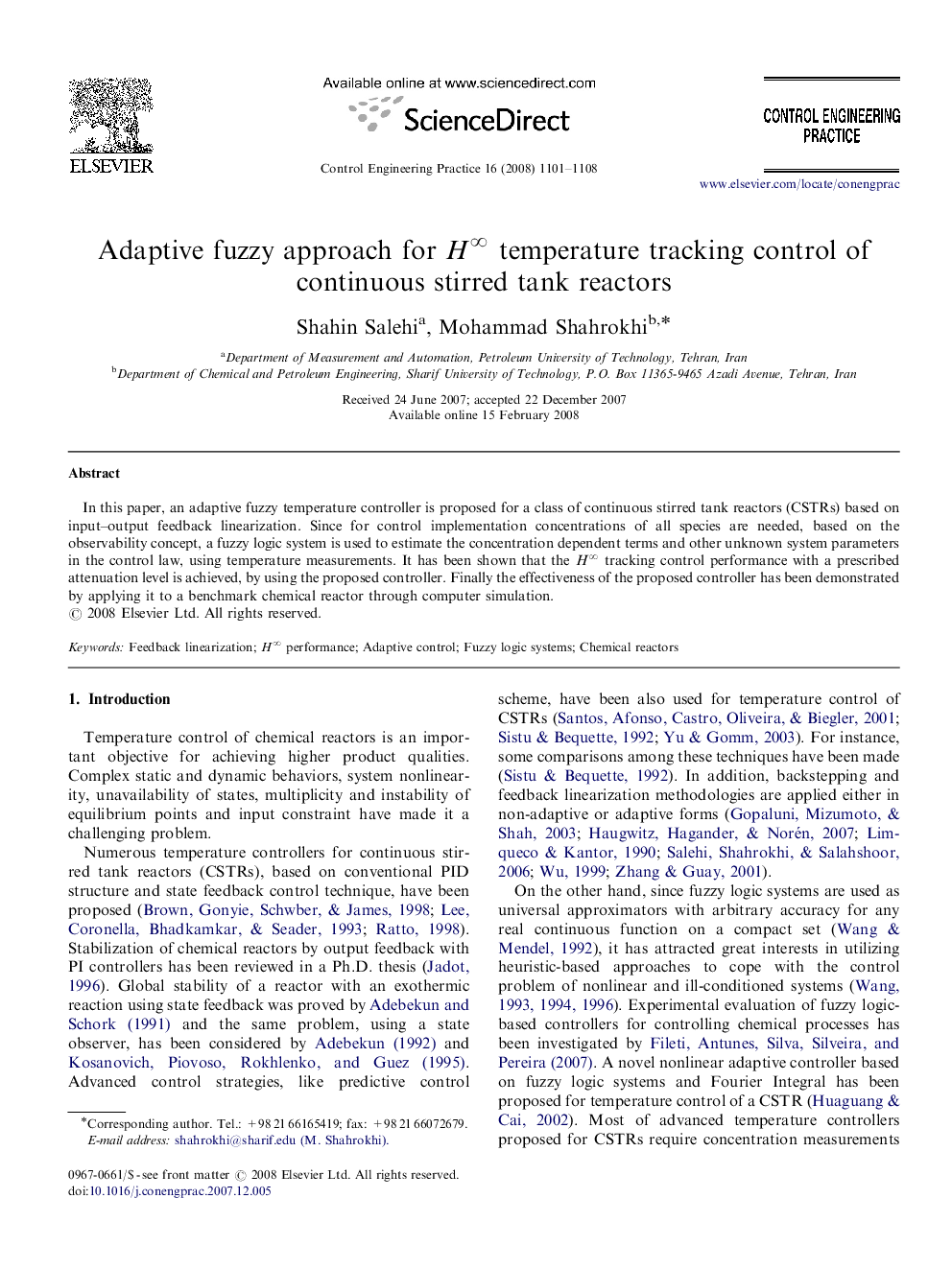 Adaptive fuzzy approach for H∞ temperature tracking control of continuous stirred tank reactors