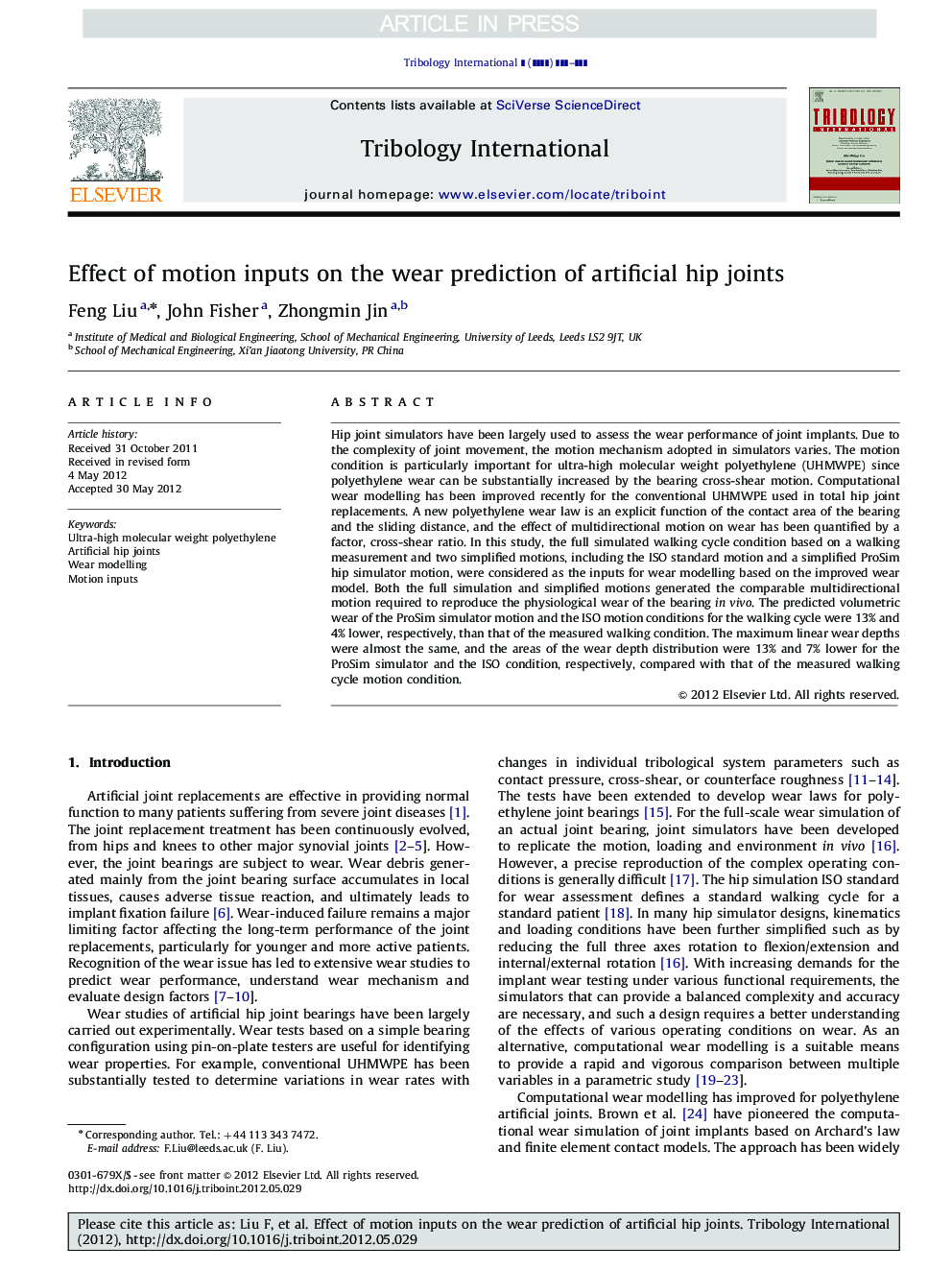 Effect of motion inputs on the wear prediction of artificial hip joints