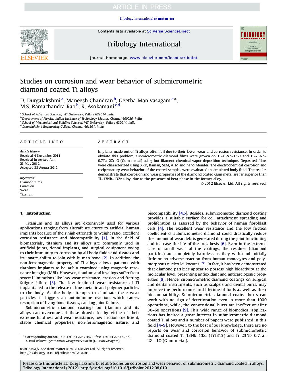 Studies on corrosion and wear behavior of submicrometric diamond coated Ti alloys