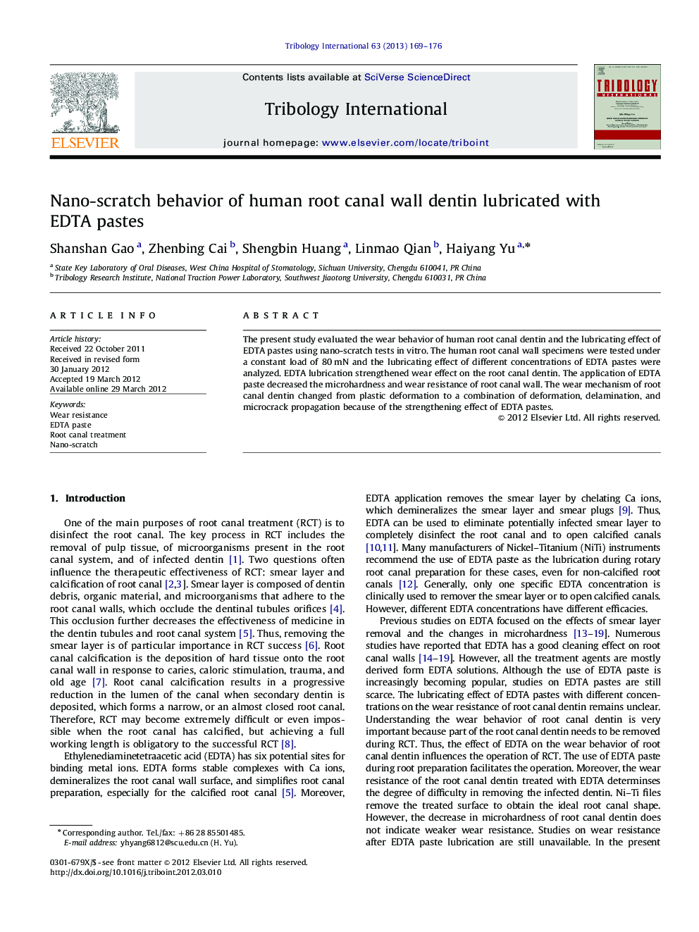 Nano-scratch behavior of human root canal wall dentin lubricated with EDTA pastes