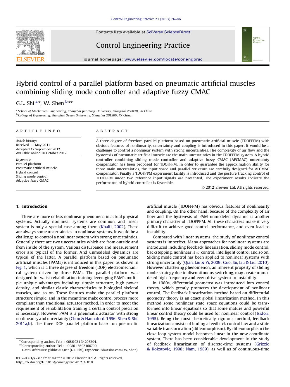 عکس صفحه اول مقاله: Hybrid control of a parallel platform based on pneumatic artificial muscles combining sliding mode controller and adaptive fuzzy CMAC Hybrid control of a parallel platform based on pneumatic artificial muscles combining sliding mode controller and adaptive fuzzy CMAC