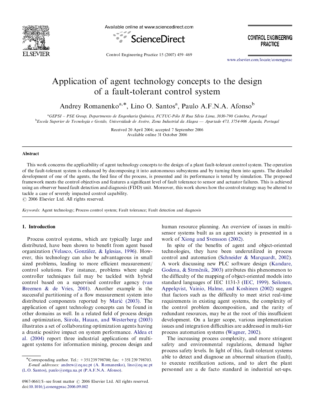 Application of agent technology concepts to the design of a fault-tolerant control system