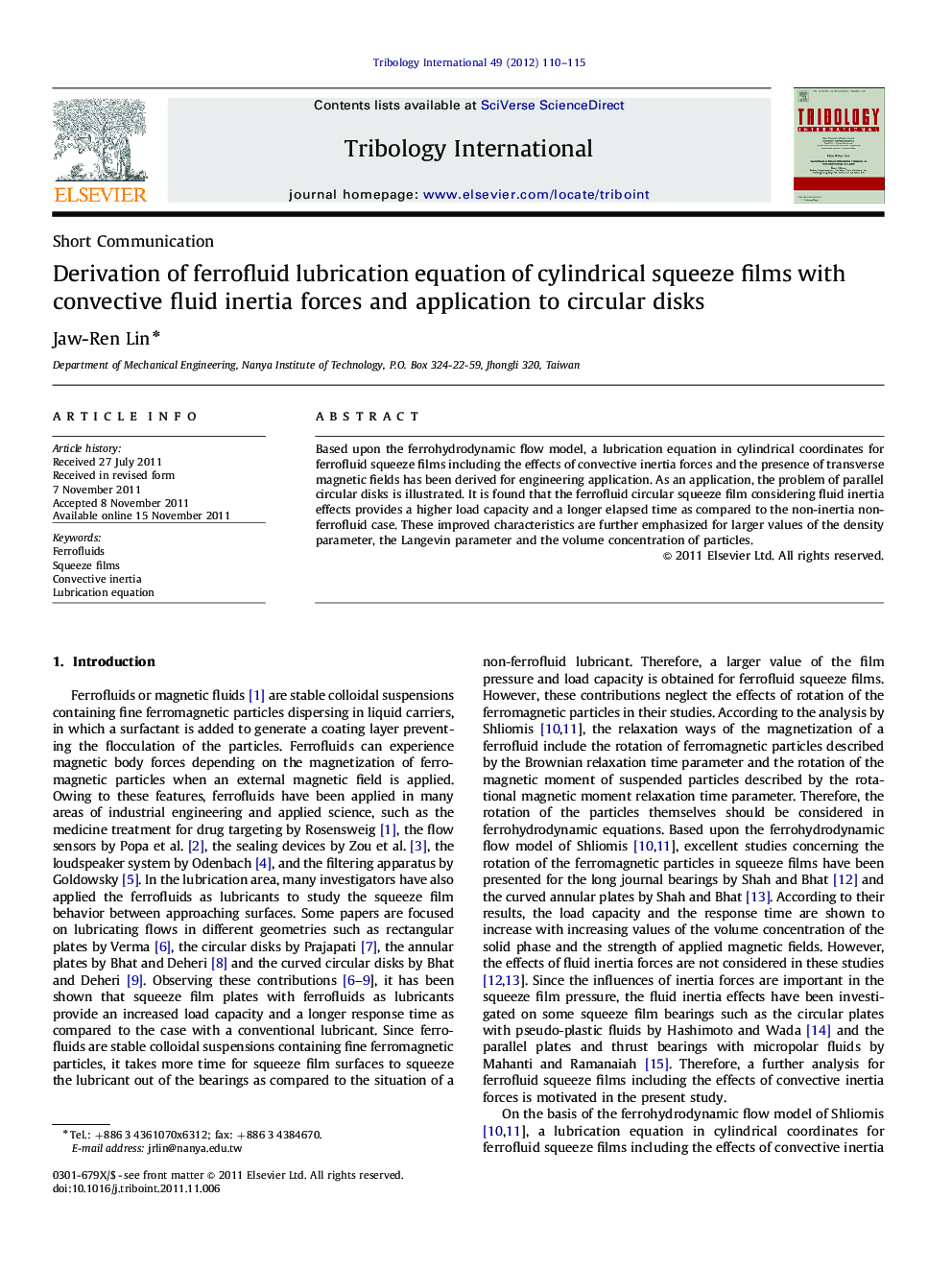 Derivation of ferrofluid lubrication equation of cylindrical squeeze films with convective fluid inertia forces and application to circular disks