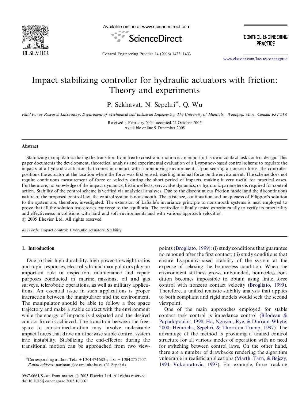 Impact stabilizing controller for hydraulic actuators with friction: Theory and experiments