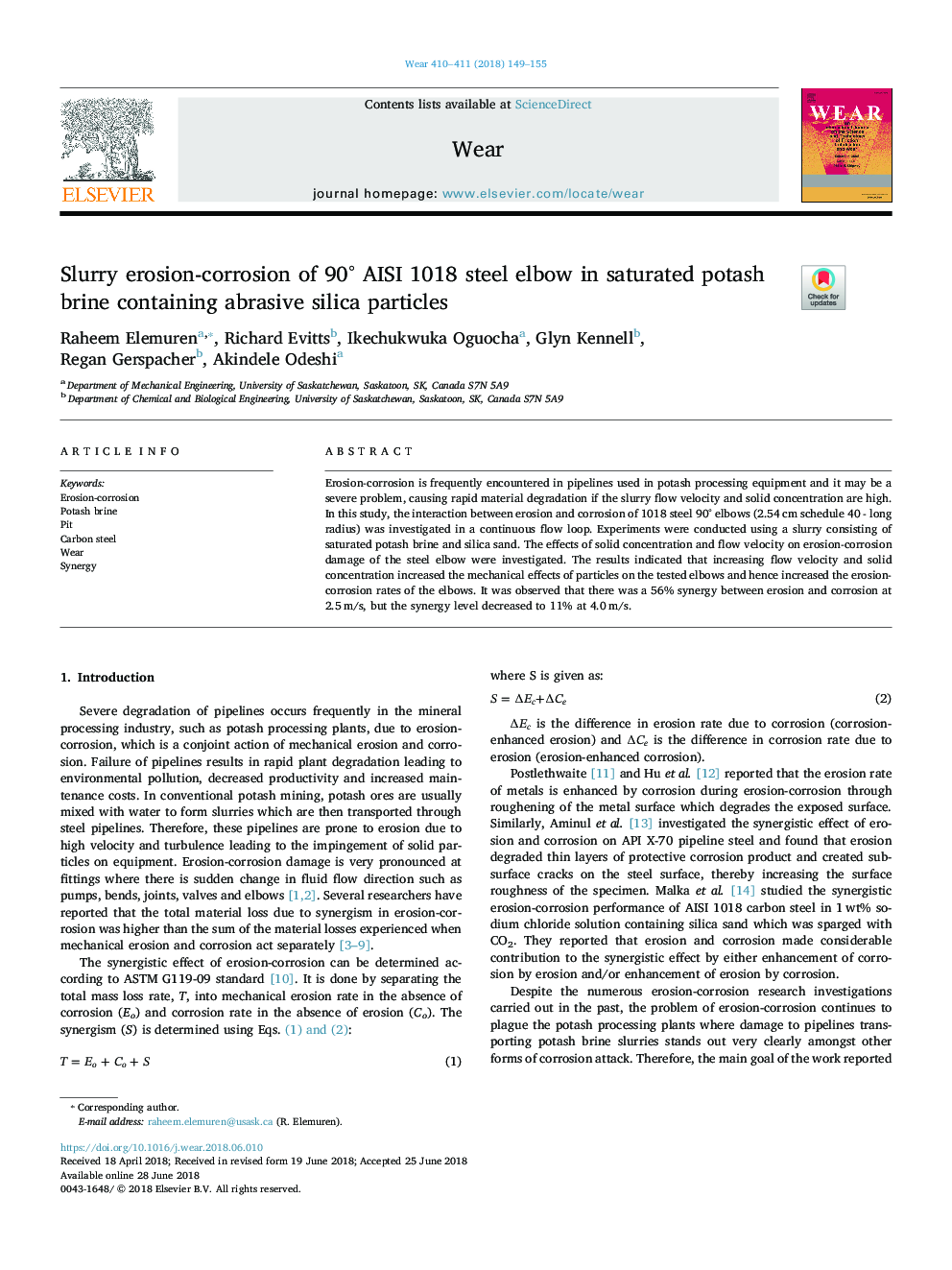 عکس صفحه اول مقاله: Slurry erosion-corrosion of 90° AISI 1018 steel elbow in saturated potash brine containing abrasive silica particles Slurry erosion-corrosion of 90° AISI 1018 steel elbow in saturated potash brine containing abrasive silica particles