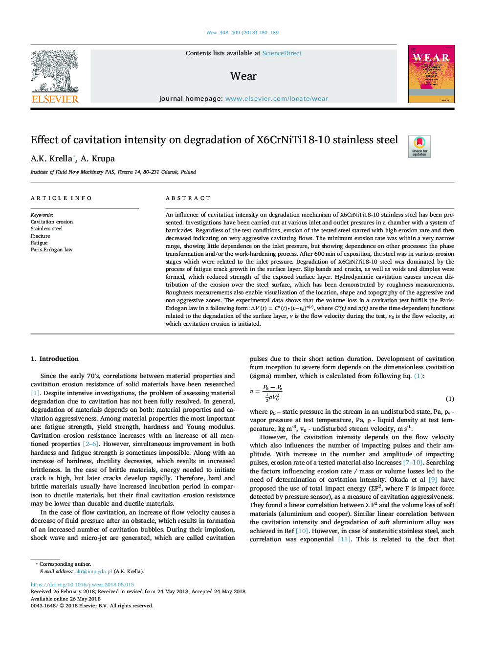 Effect of cavitation intensity on degradation of X6CrNiTi18-10 stainless steel