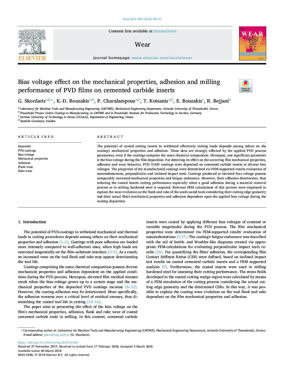 Bias voltage effect on the mechanical properties, adhesion and milling performance of PVD films on cemented carbide inserts