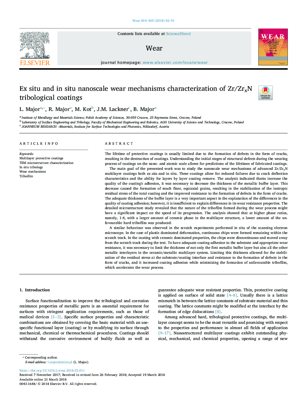 Ex situ and in situ nanoscale wear mechanisms characterization of Zr/ZrxN tribological coatings