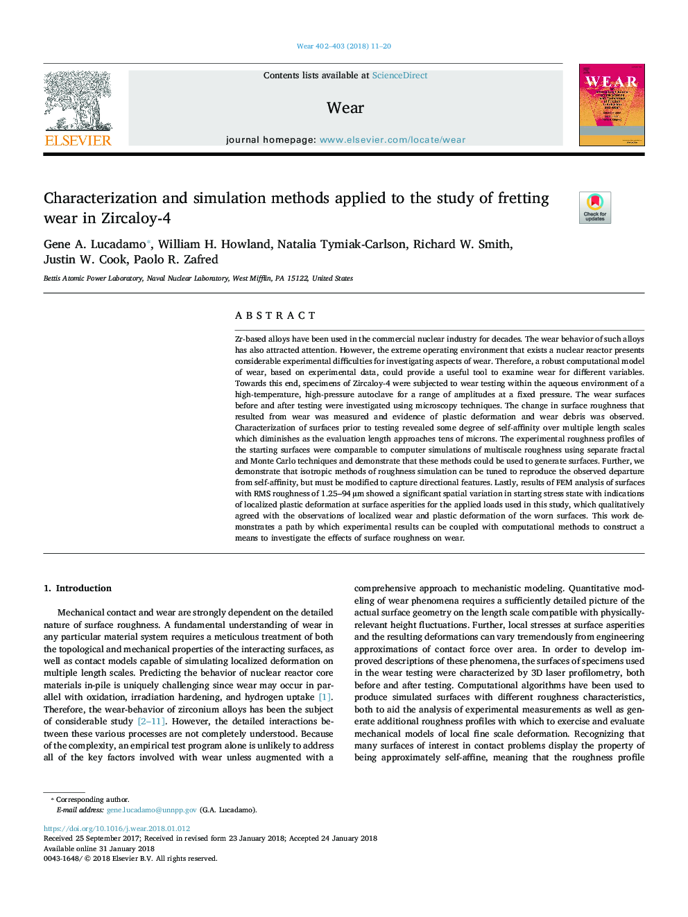 Characterization and simulation methods applied to the study of fretting wear in Zircaloy-4