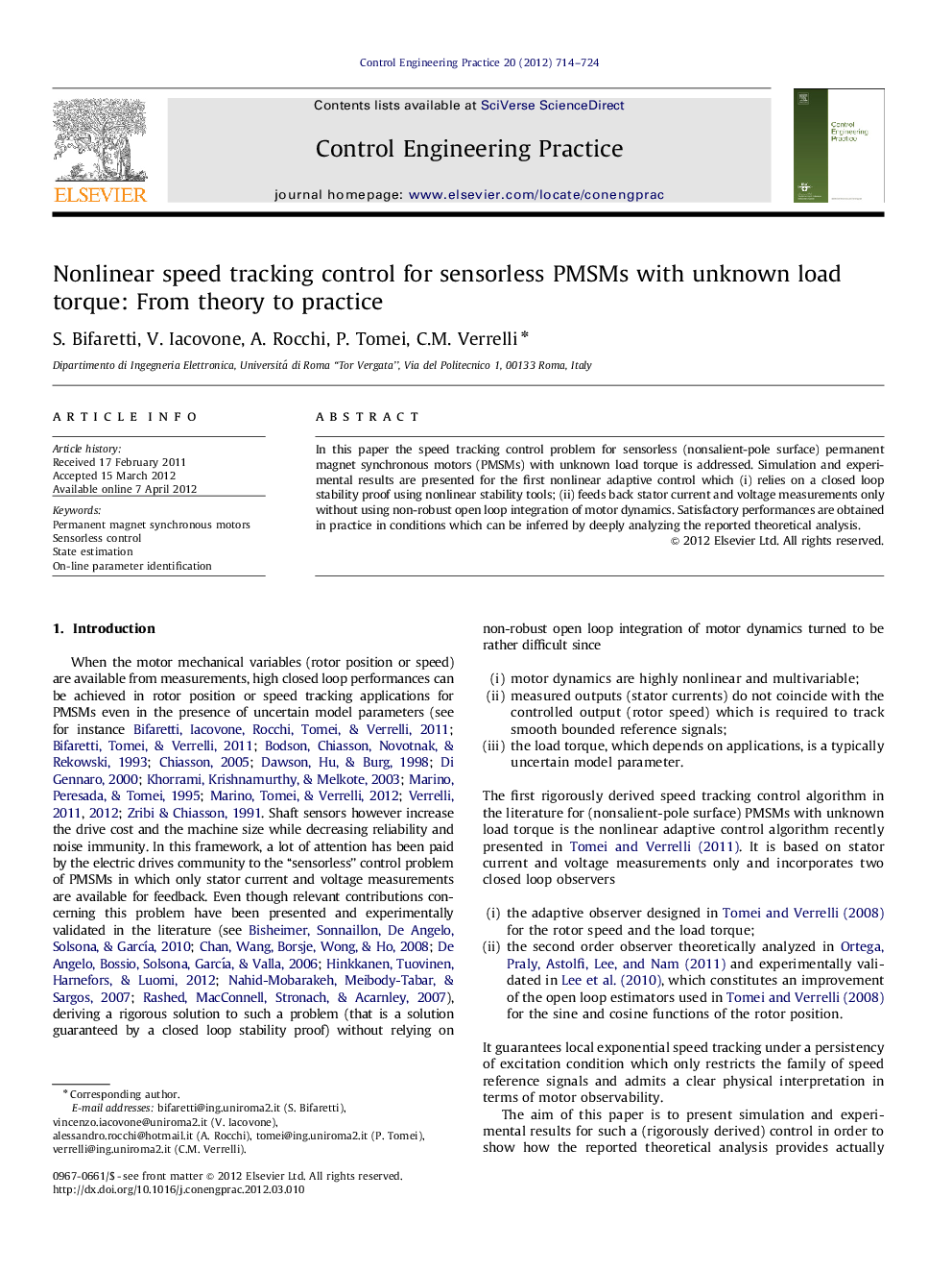 Nonlinear speed tracking control for sensorless PMSMs with unknown load torque: From theory to practice