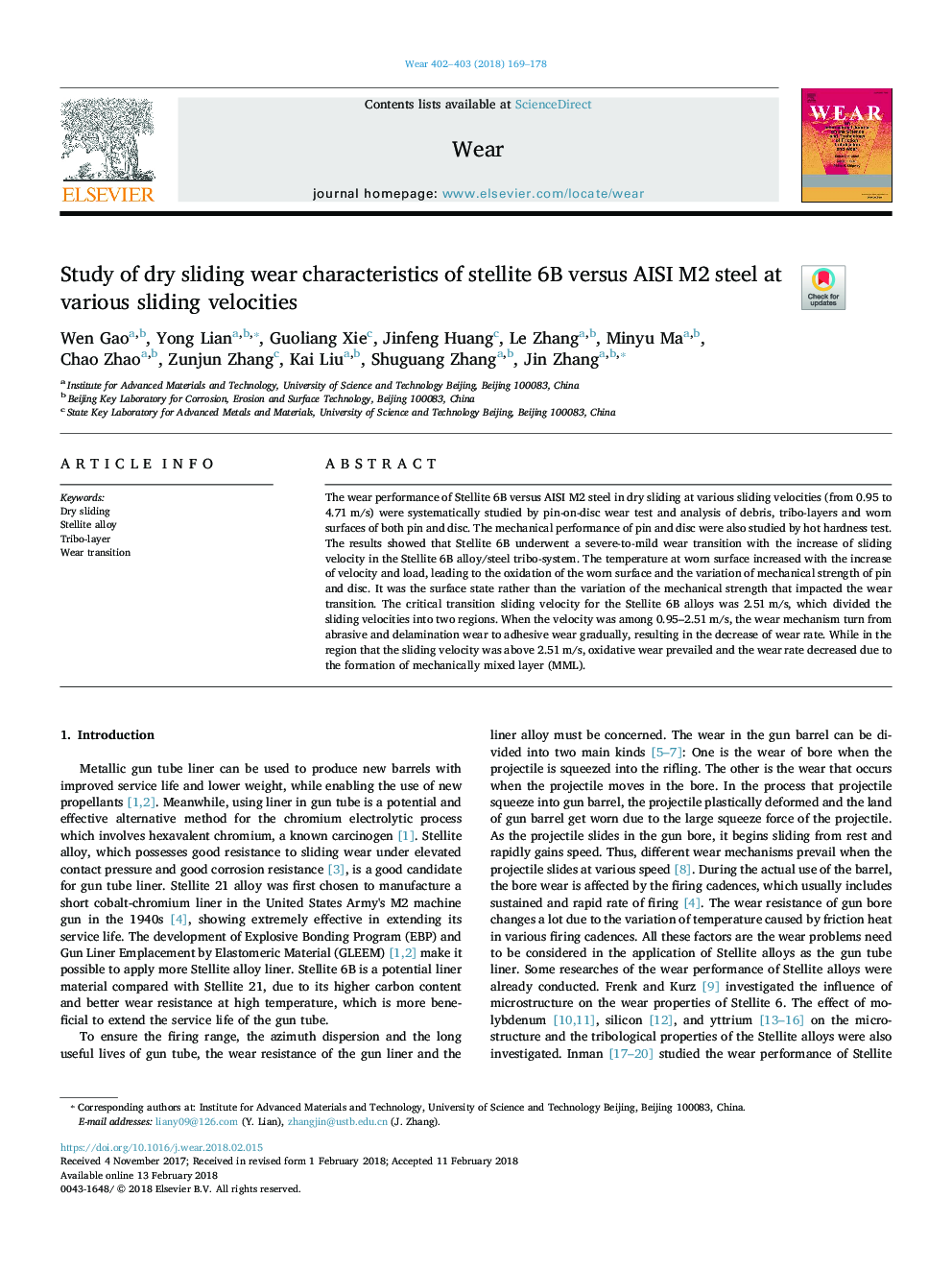 Study of dry sliding wear characteristics of stellite 6B versus AISI M2 steel at various sliding velocities