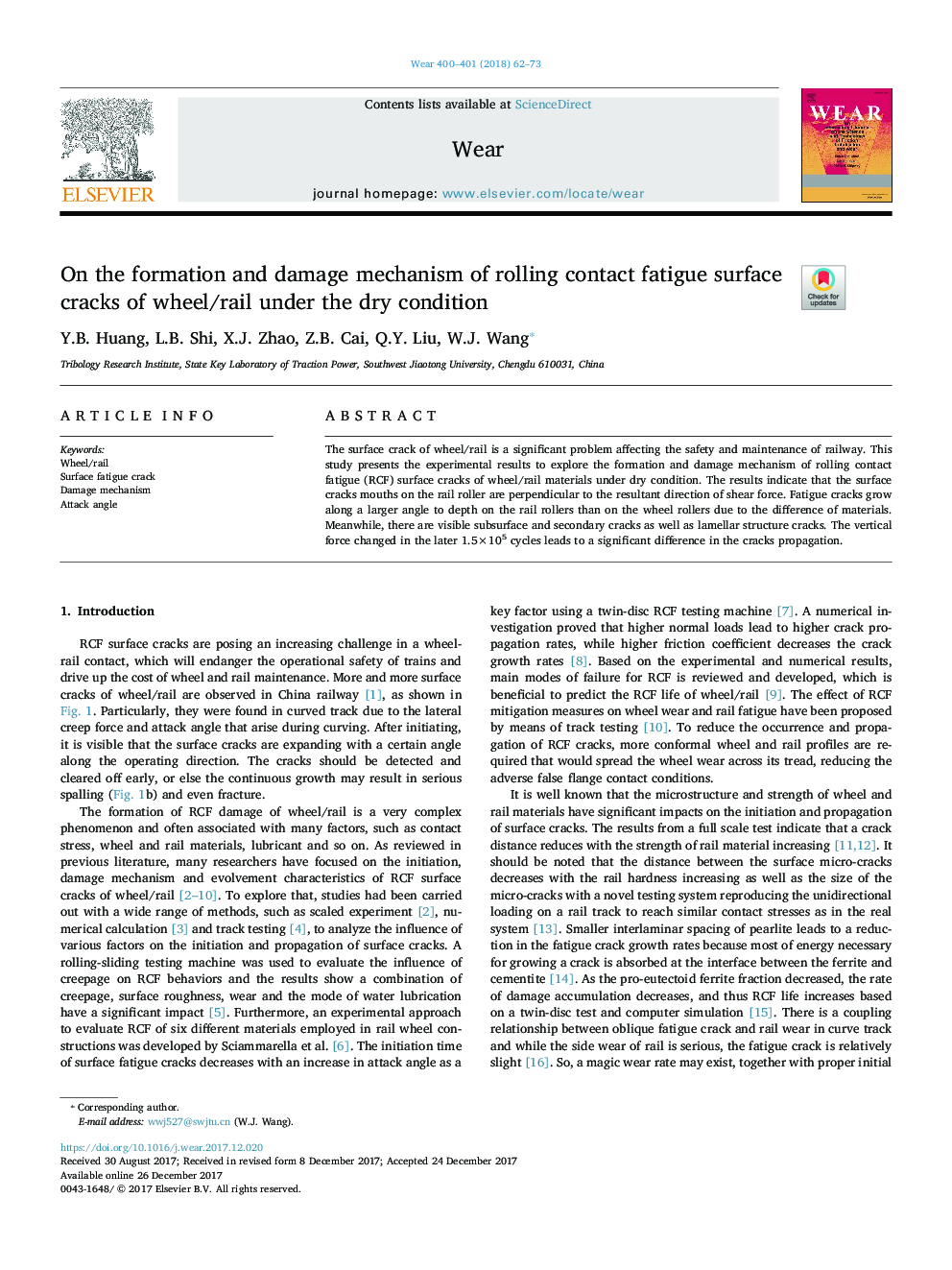 On the formation and damage mechanism of rolling contact fatigue surface cracks of wheel/rail under the dry condition