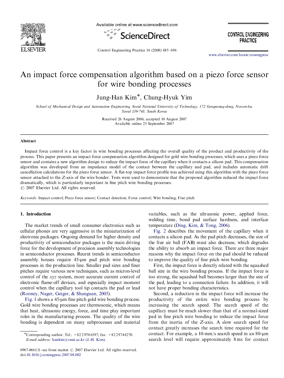 An impact force compensation algorithm based on a piezo force sensor for wire bonding processes