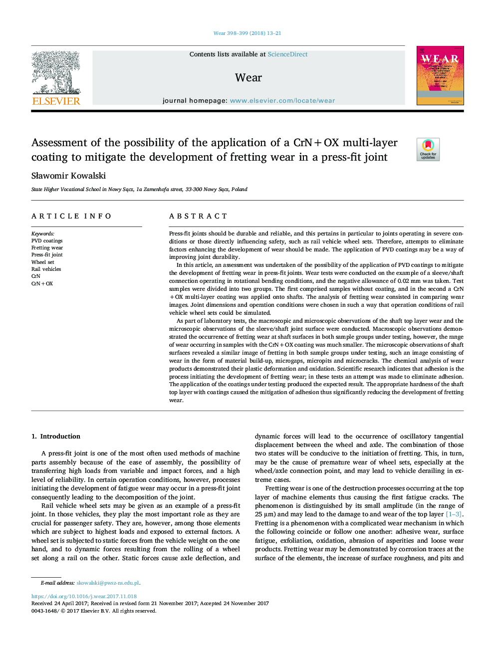 Assessment of the possibility of the application of a CrN+OX multi-layer coating to mitigate the development of fretting wear in a press-fit joint