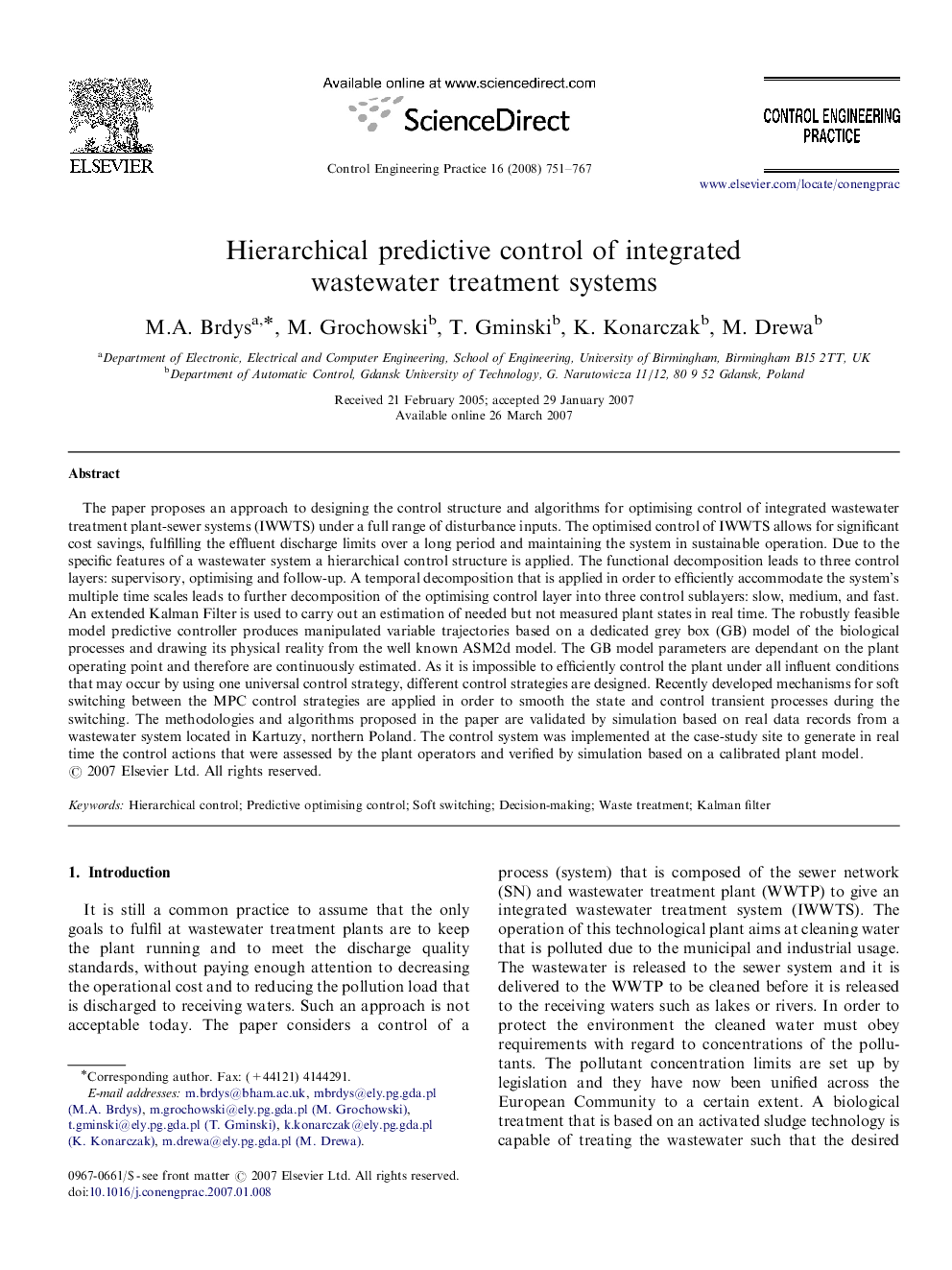 Hierarchical predictive control of integrated wastewater treatment systems