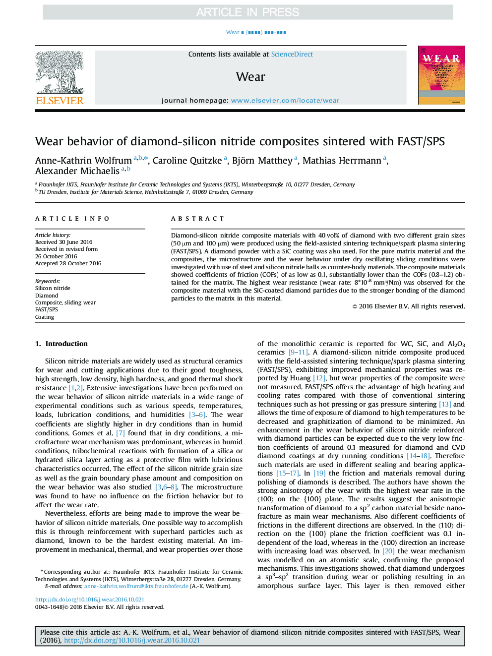 Wear behavior of diamond-silicon nitride composites sintered with FAST/SPS